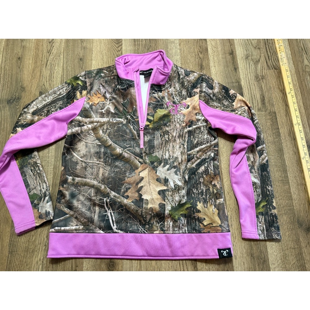 TrueTimber Shirt Womens Medium Purple Brown Green Black 1/4 Zipper Camouflage